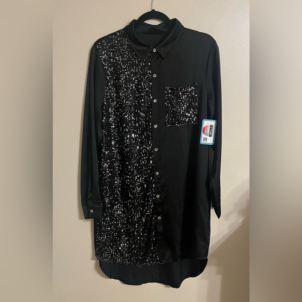 Sunny & 75 Boutique & Beyond Black Sequin Button-Down Long-Sleeved Dress Large
